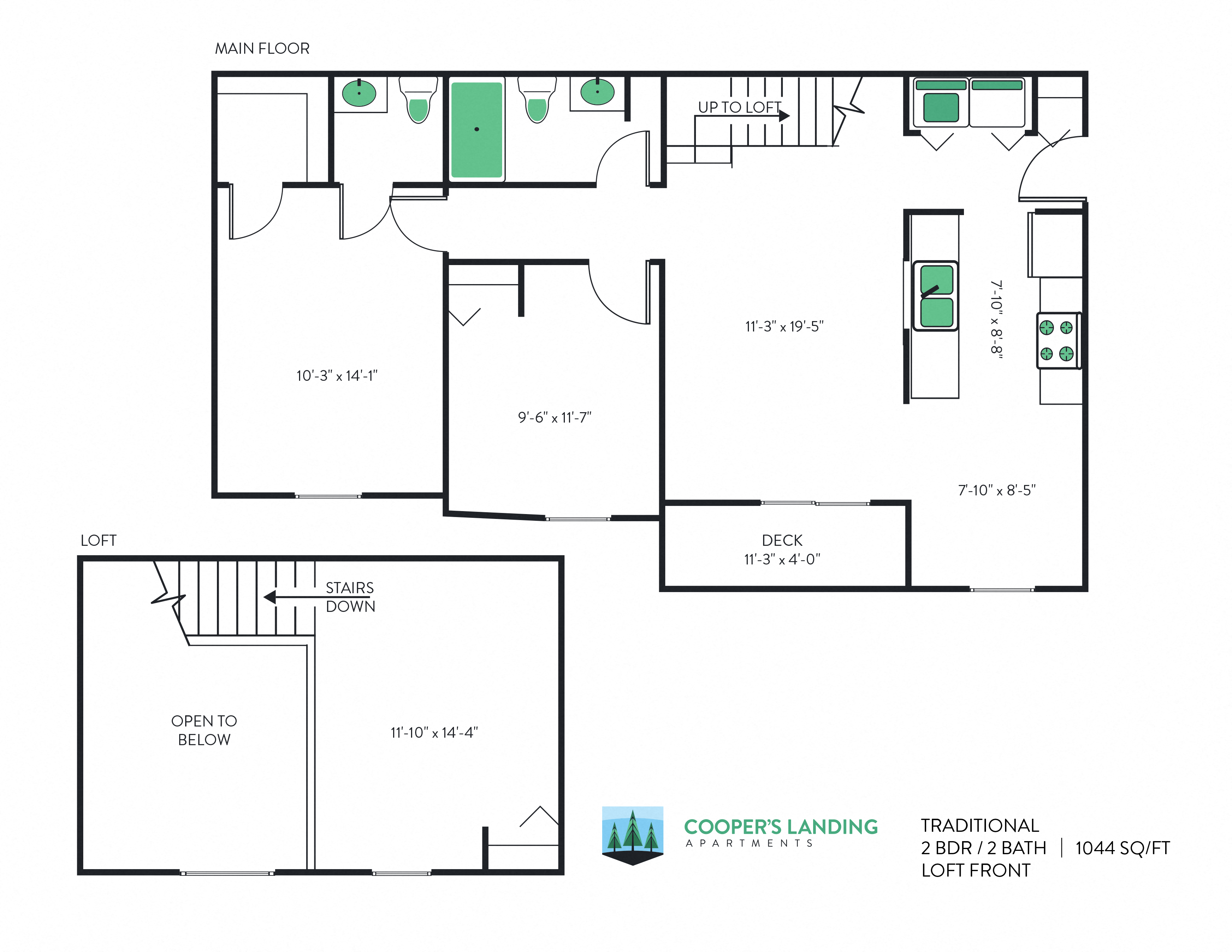 Floor plan for 2 beds, 1.5 baths, 1044 sqft